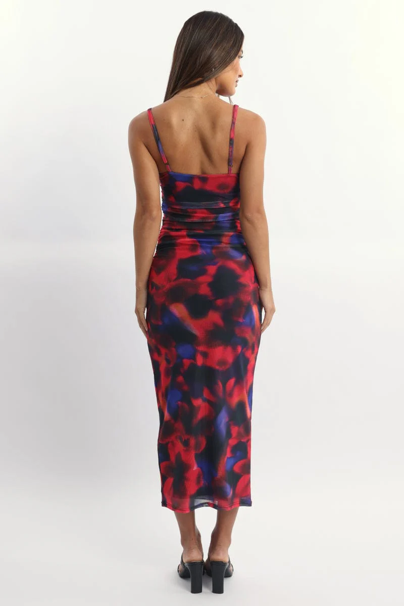Multi Floral Bodycon Dress Mesh Maxi - Image 4
