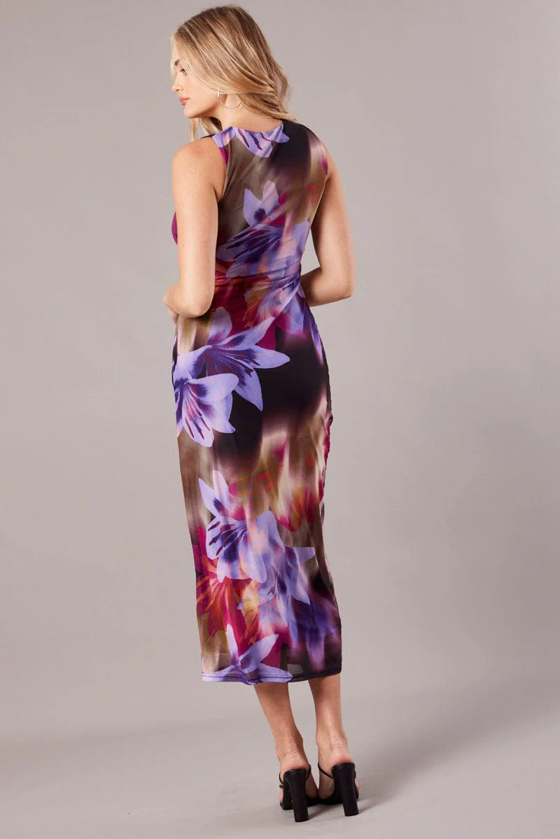 Multi Floral Bodycon Dress Round Neck Sleeveless Mesh - Image 5