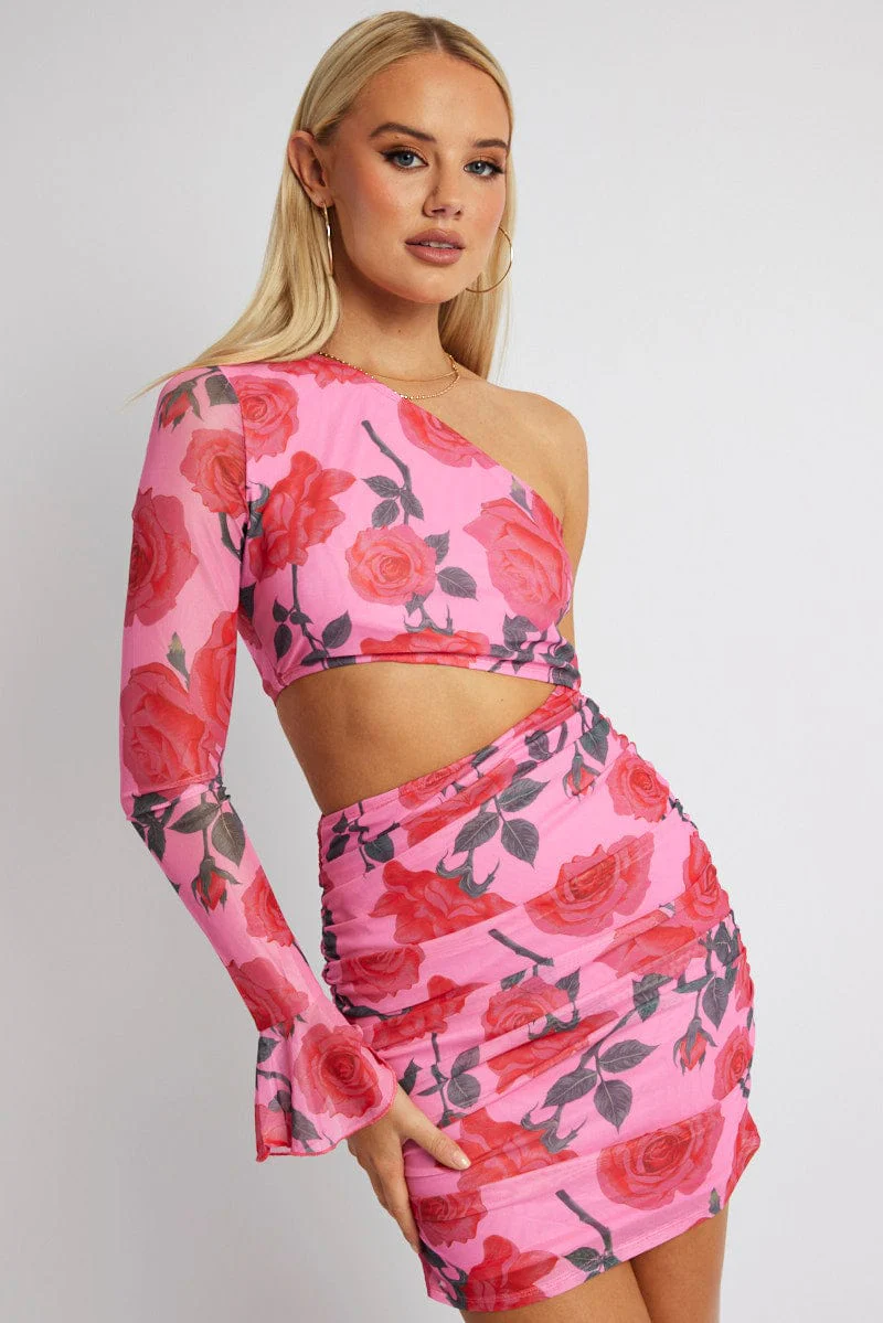 Multi Floral Dress One Shoulder Ruffle Sleeve Mini Dress - Image 3