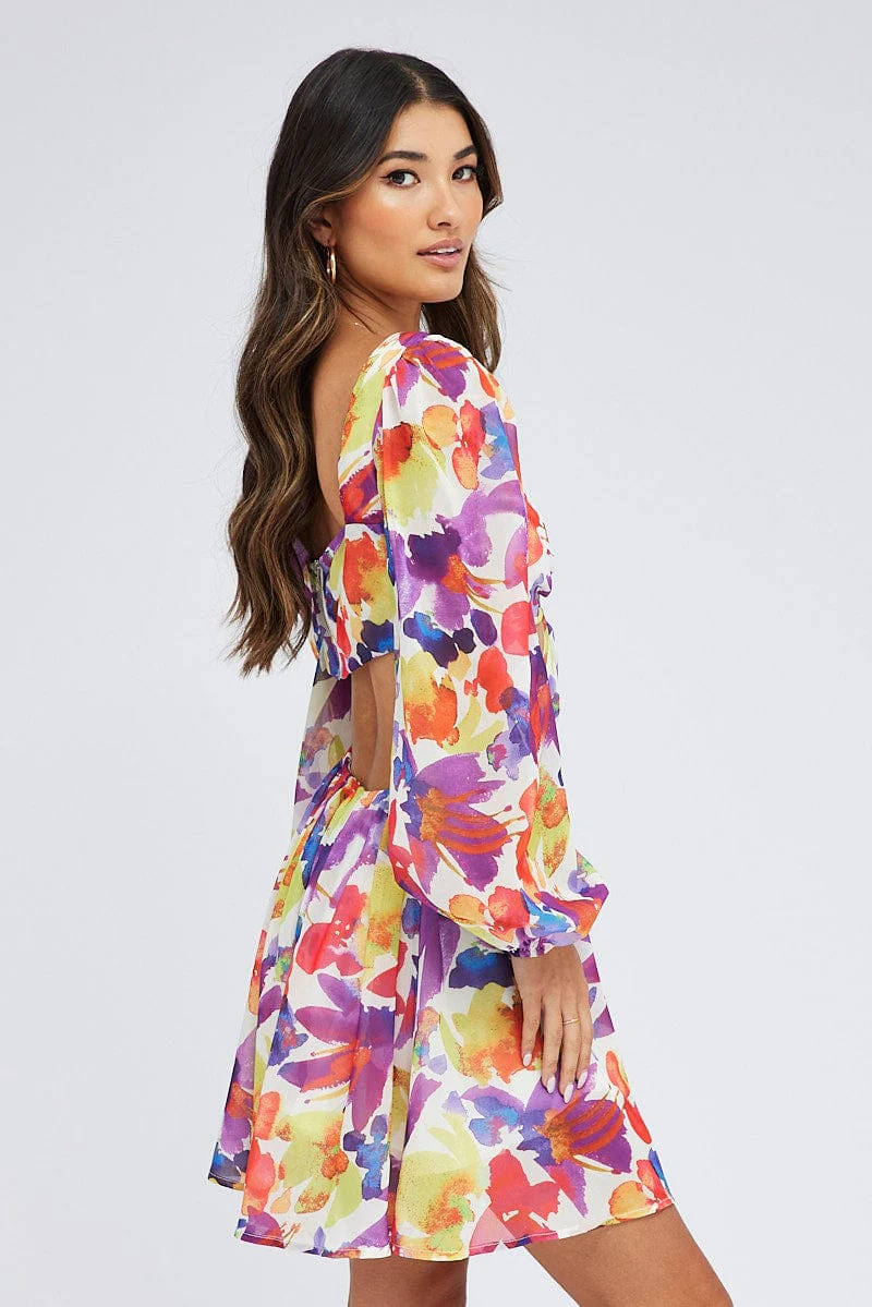 Multi Floral Dress Watercolour Print Ring Front Balloon Sleeve - Image 4