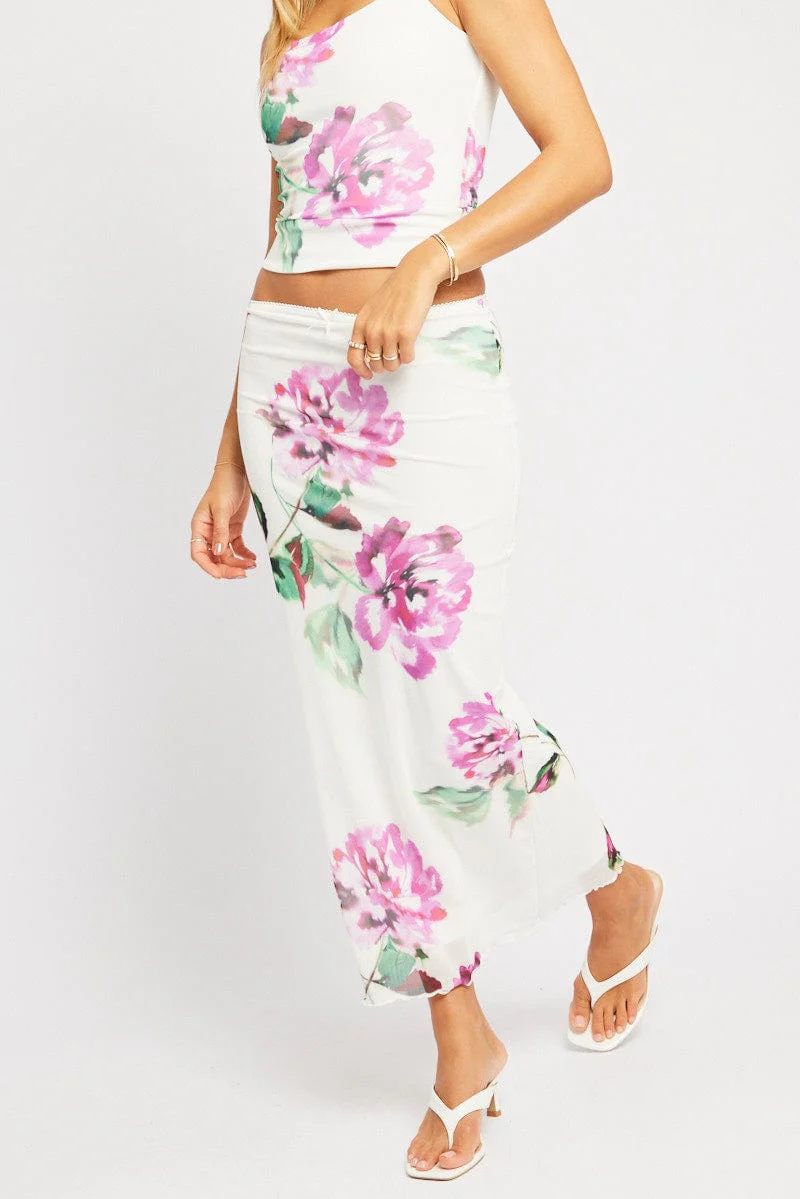 Multi Floral Mesh Skirt Elasticated Picot Trim Midaxi - Image 2