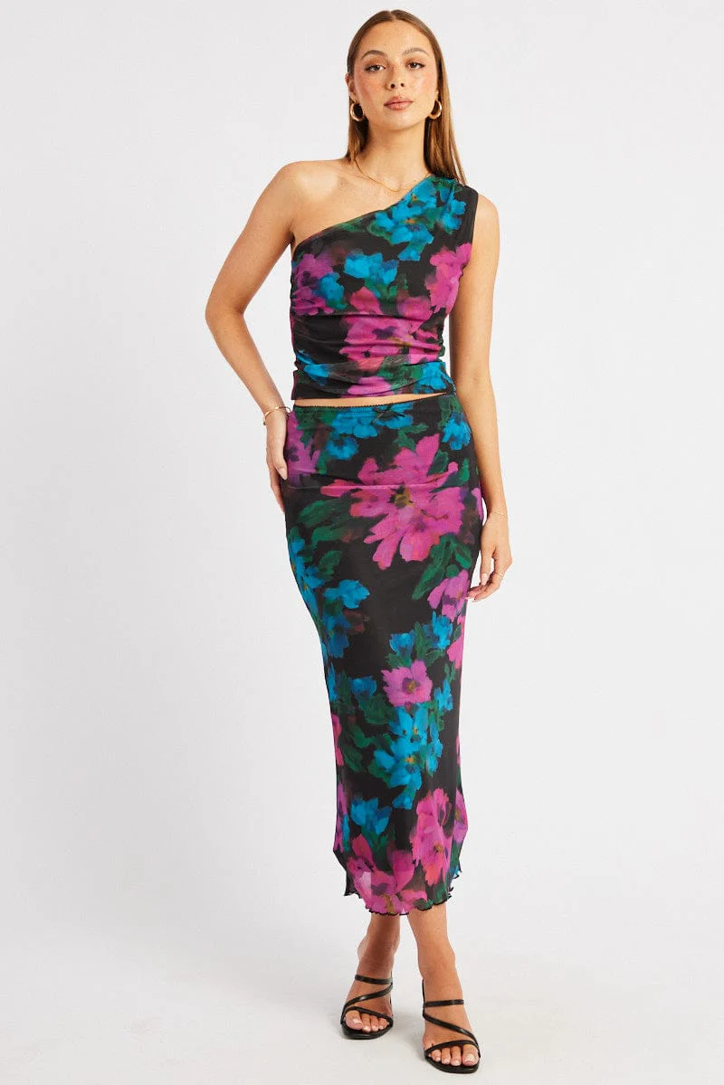 Multi Floral Mesh Skirt Elasticated Picot Trim Midaxi - Image 2