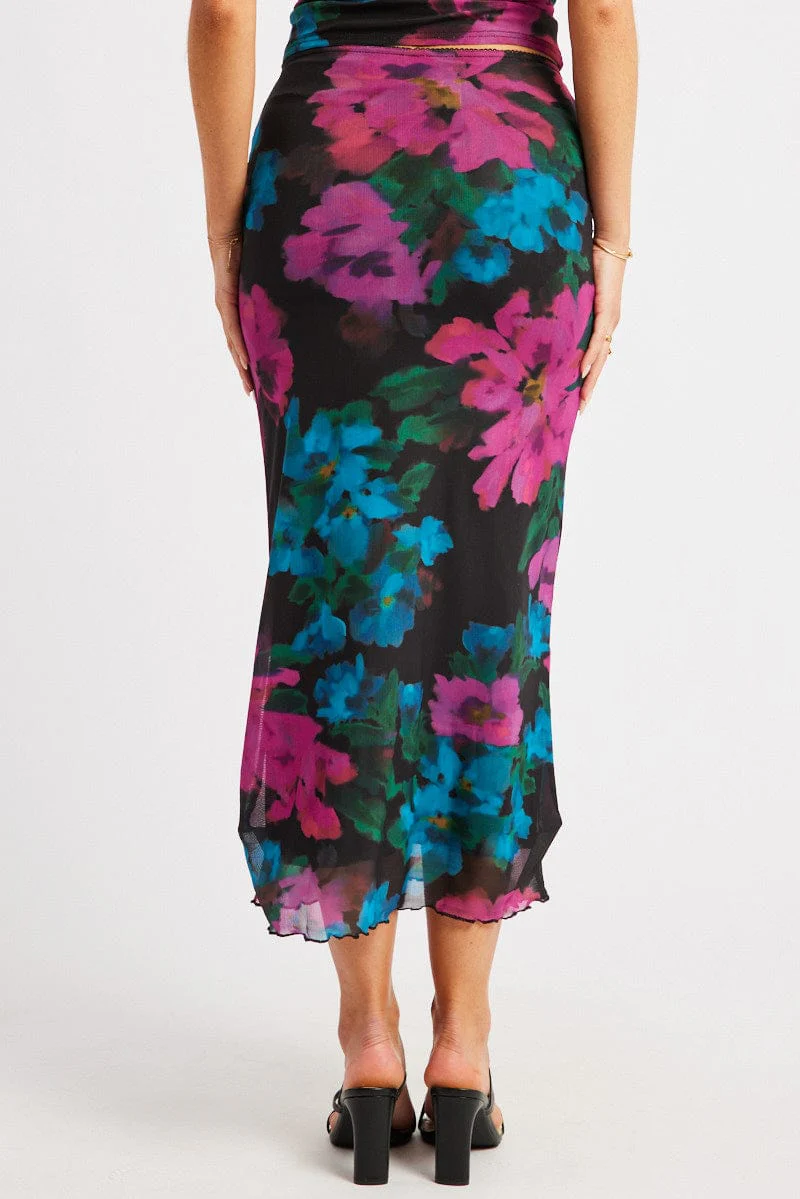 Multi Floral Mesh Skirt Elasticated Picot Trim Midaxi - Image 5