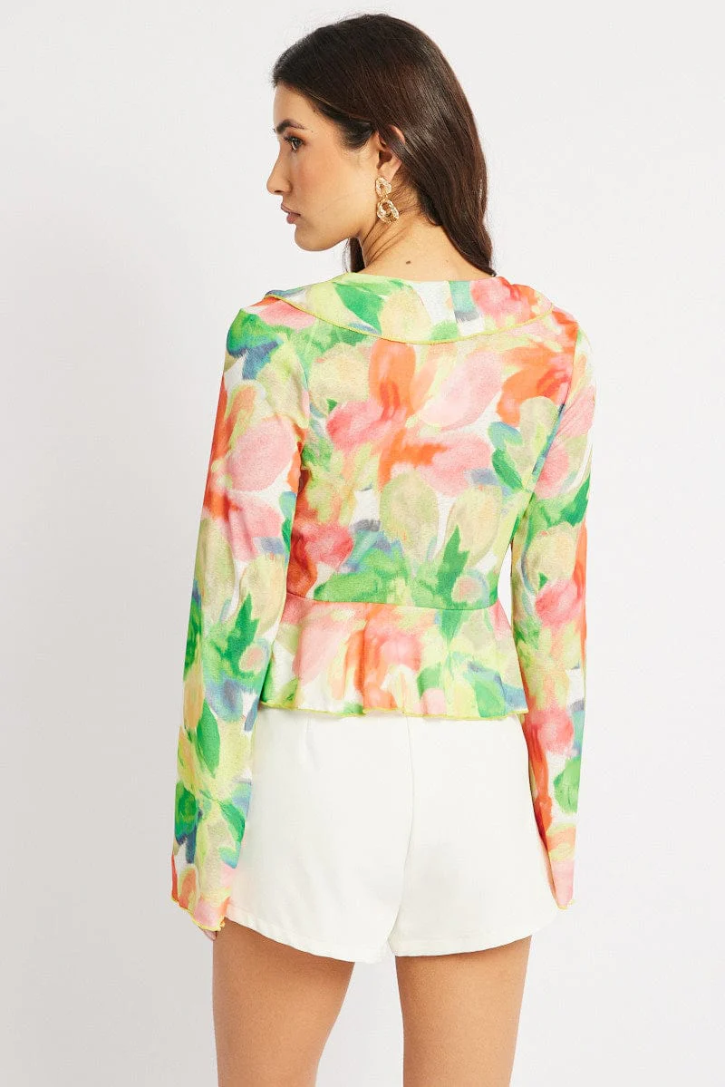 Multi Floral Tie Front Frill Top Long Sleeve - Image 5