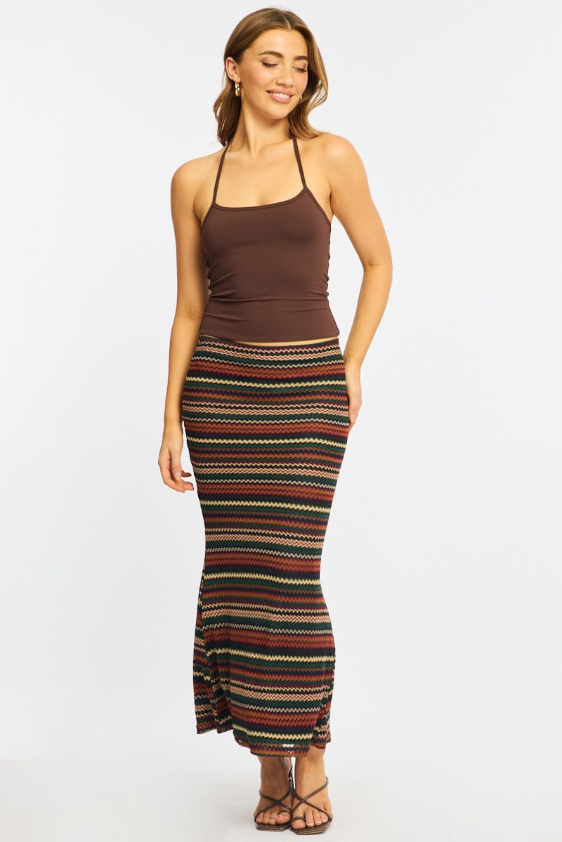 Multi Stripe Maxi Skirt Elasticated Waist Fit & Flare - Image 3