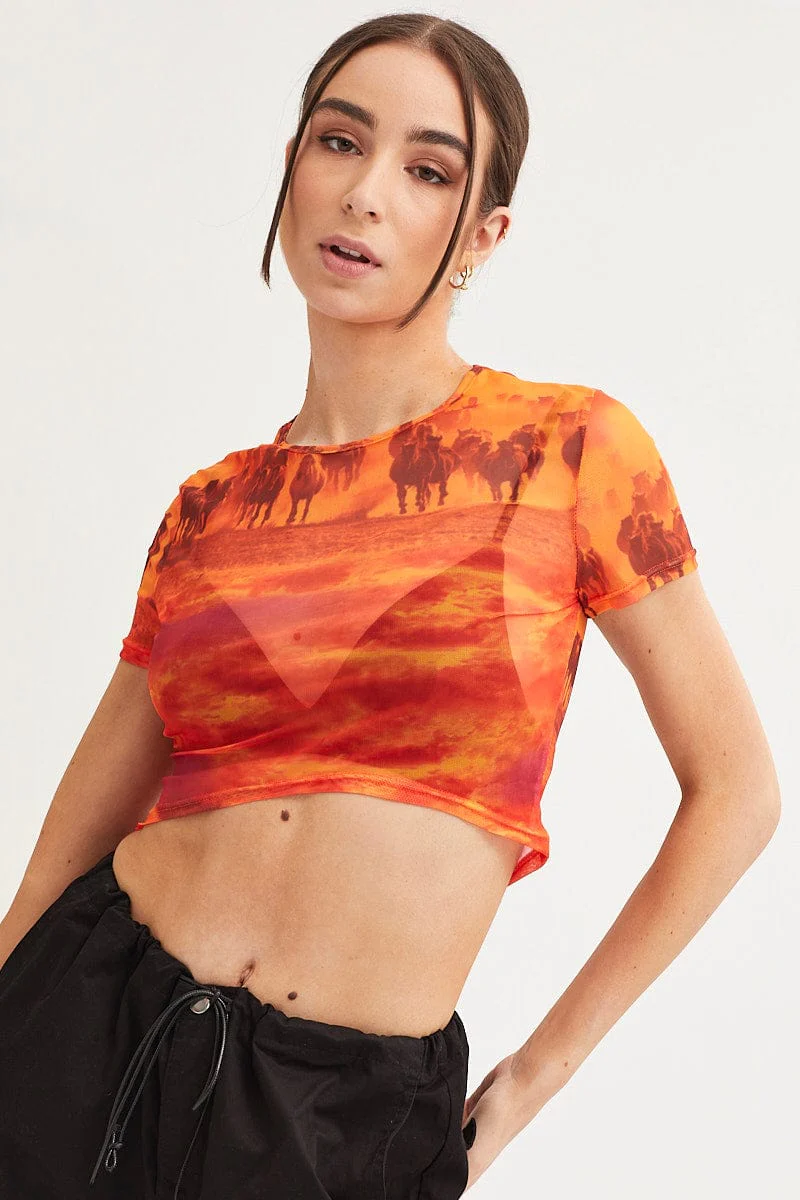 Orange Abstract Landscape Print Mesh Short Sleeve Top - Image 3
