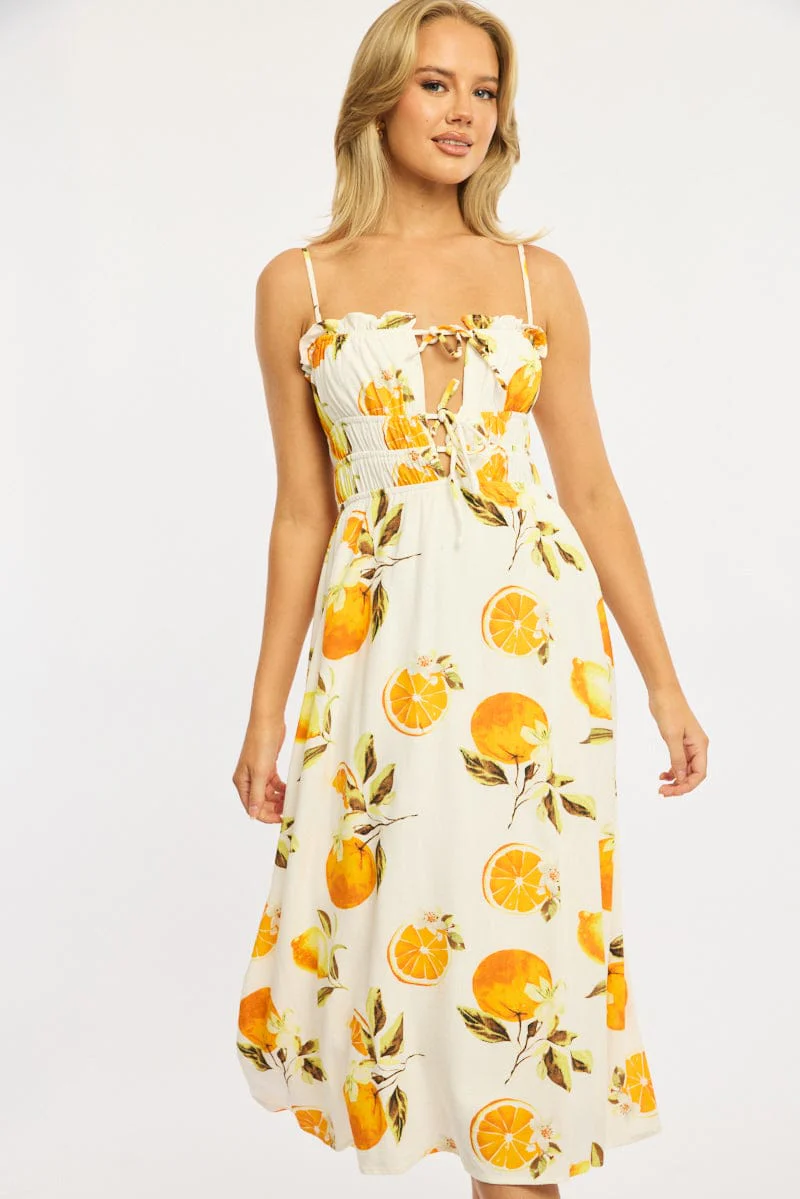 Orange Abstract Midi Dress Ribbon Detail Strappy - Image 2