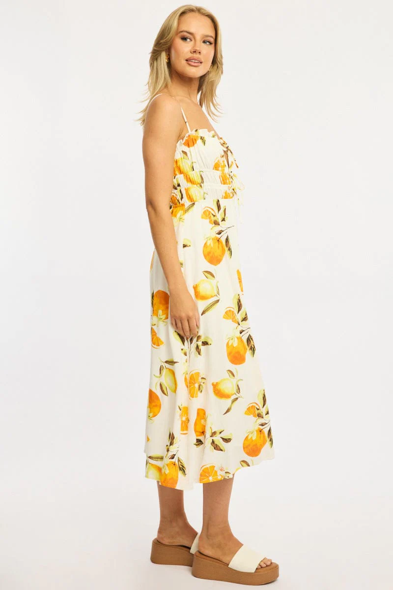 Orange Abstract Midi Dress Ribbon Detail Strappy - Image 3