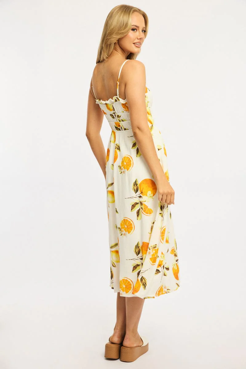 Orange Abstract Midi Dress Ribbon Detail Strappy - Image 4