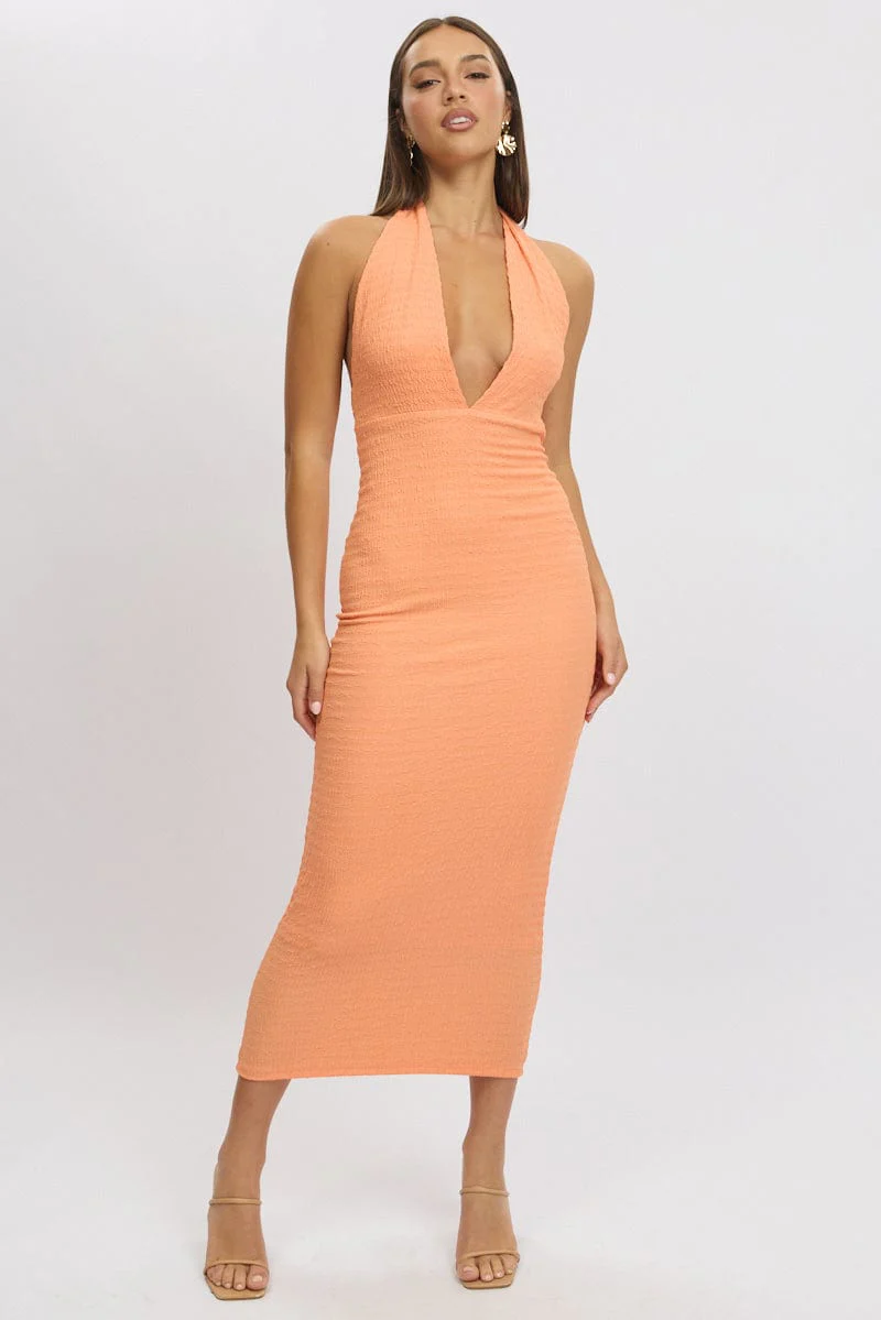 Orange Bodycon Dress Halter Neck Texured - Image 2