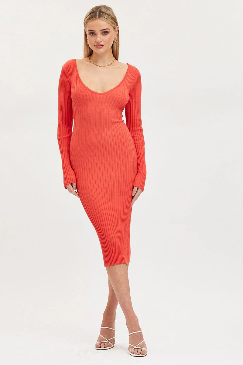 Orange Knit Dress Evening Midi - Image 3