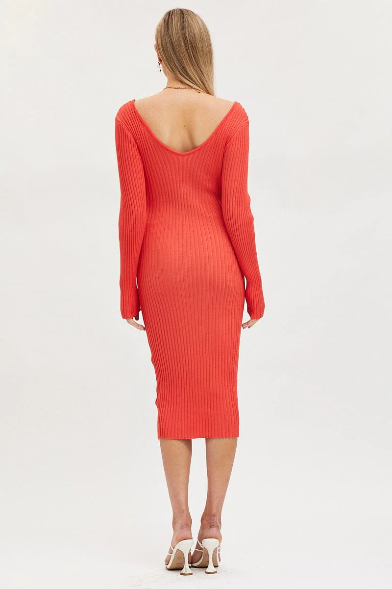 Orange Knit Dress Evening Midi - Image 5