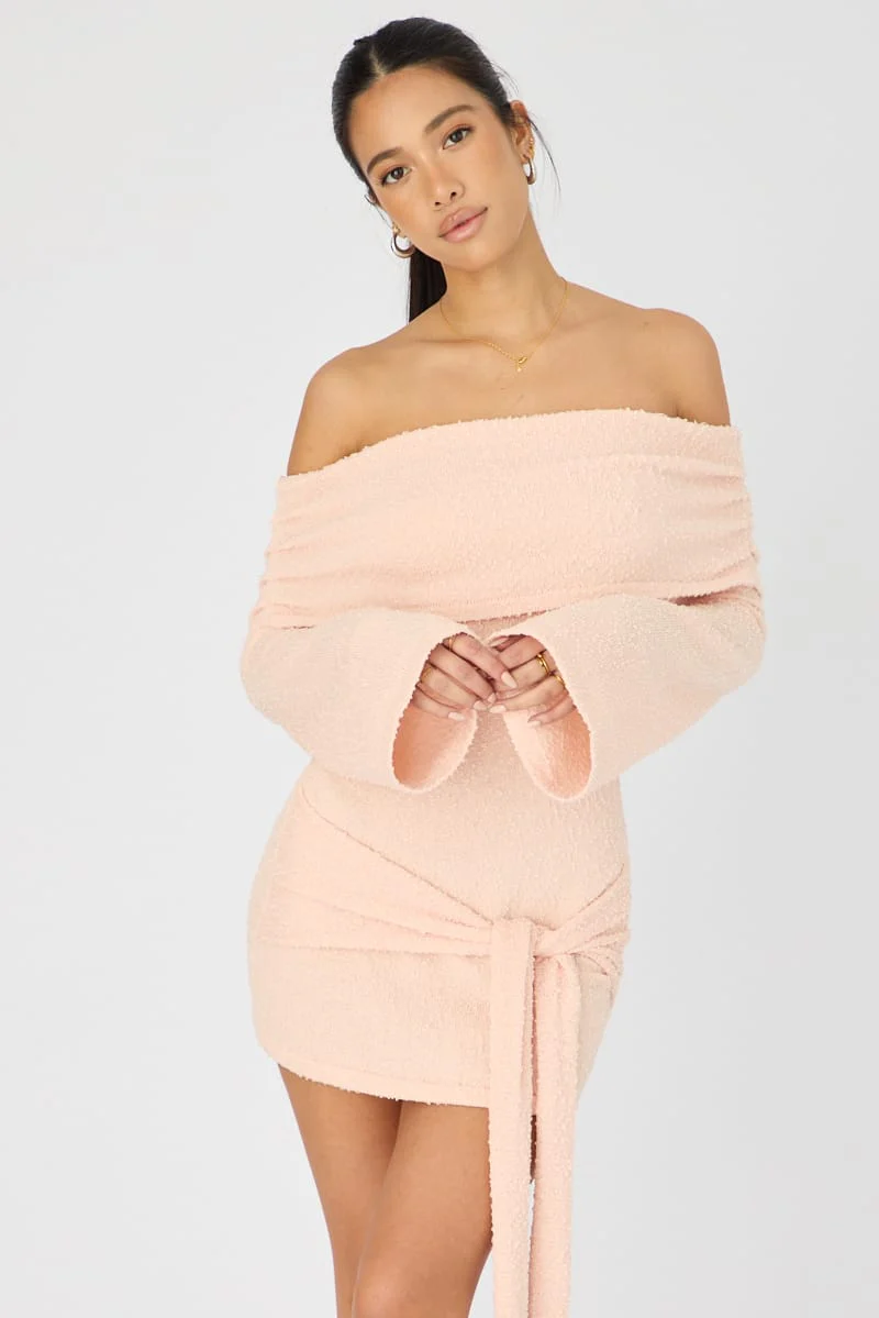 Orange Knitted Off Shoulder Tie Waist Mini Dress - Image 2