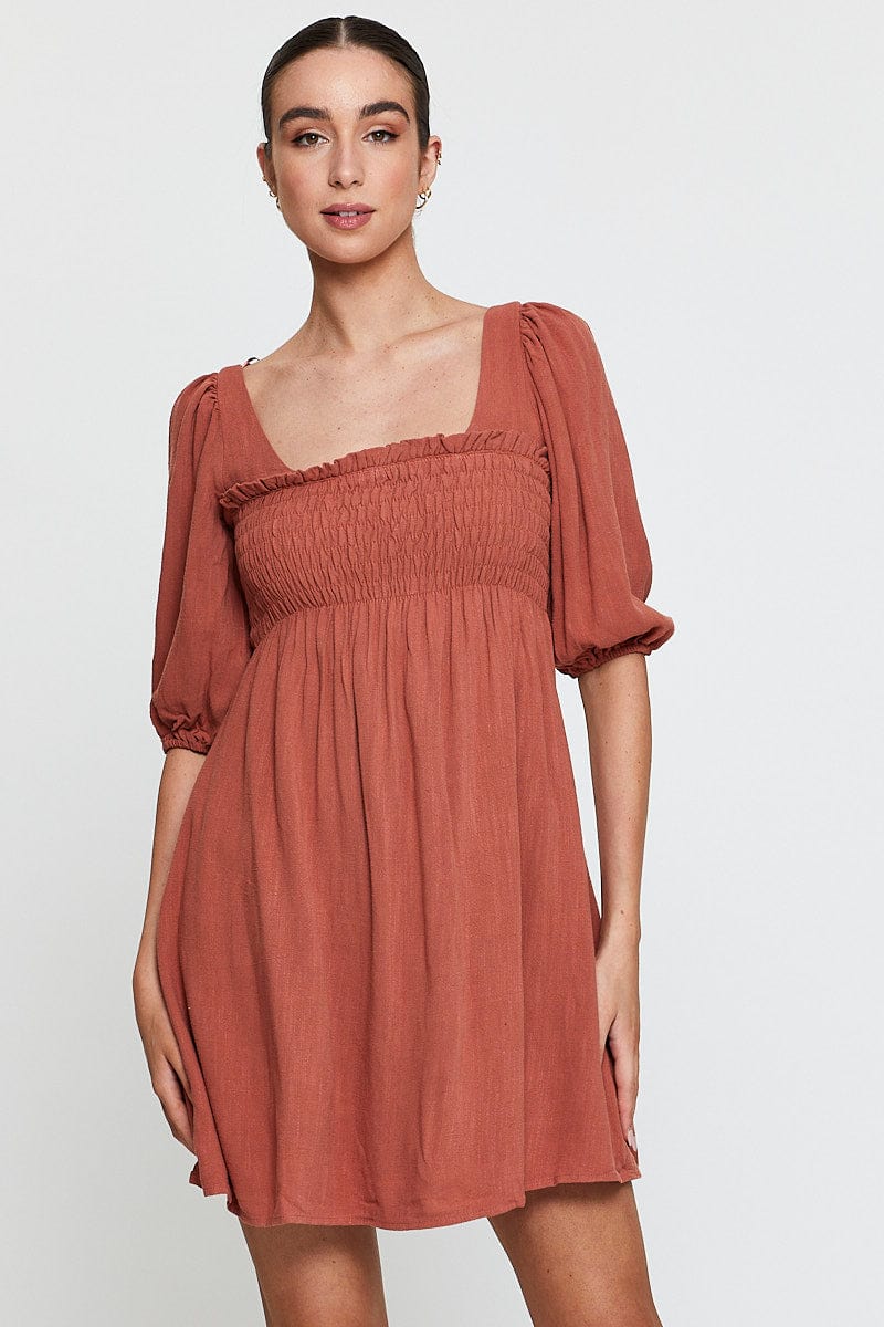 Orange Mini Dress Short Sleeve Evening - Image 3