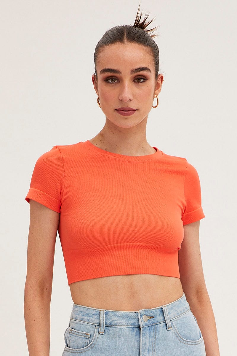 Orange T-Shirt Short Sleeve Crew Neck Seamless - Image 3