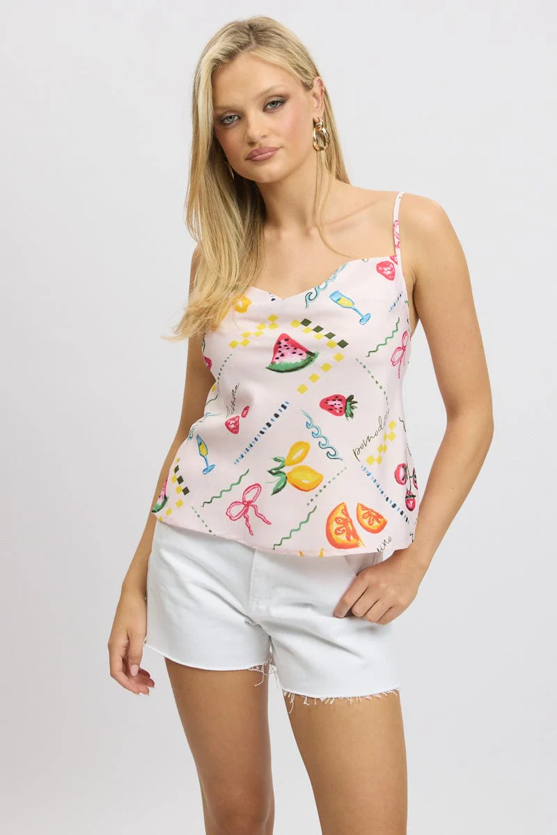 Pink Abstract Cami Top Sleeveless Cowl Neck - Image 3