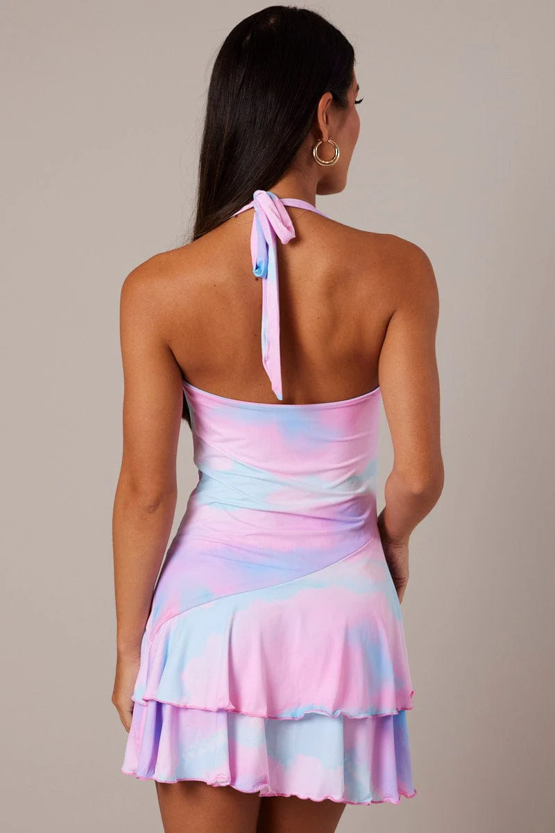 Pink Abstract Halter Dress Cowl Neck Layered Skater Dress - Image 5