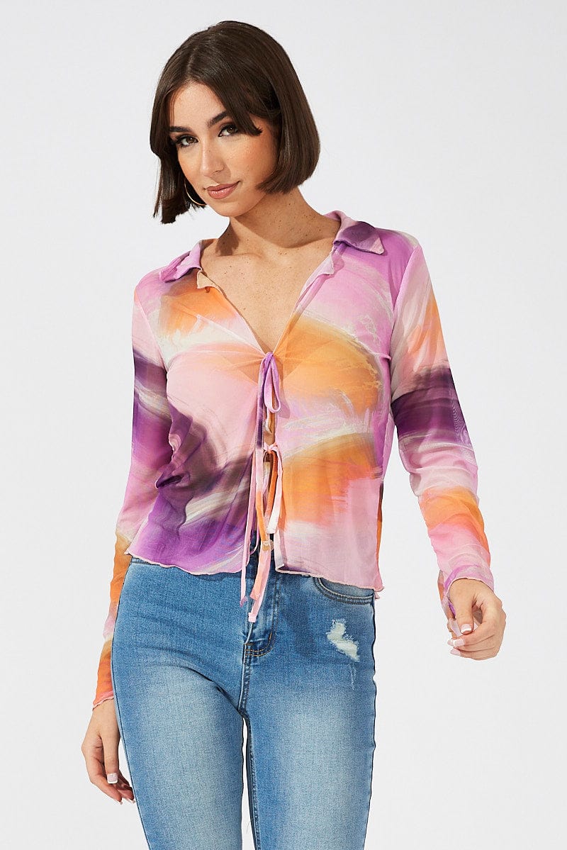 Pink Abstract Mesh Cardigan Long Sleeve - Image 3