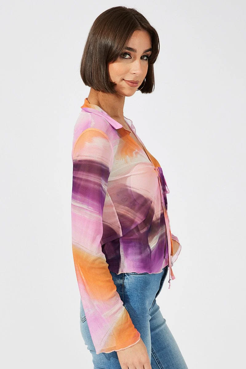 Pink Abstract Mesh Cardigan Long Sleeve - Image 4