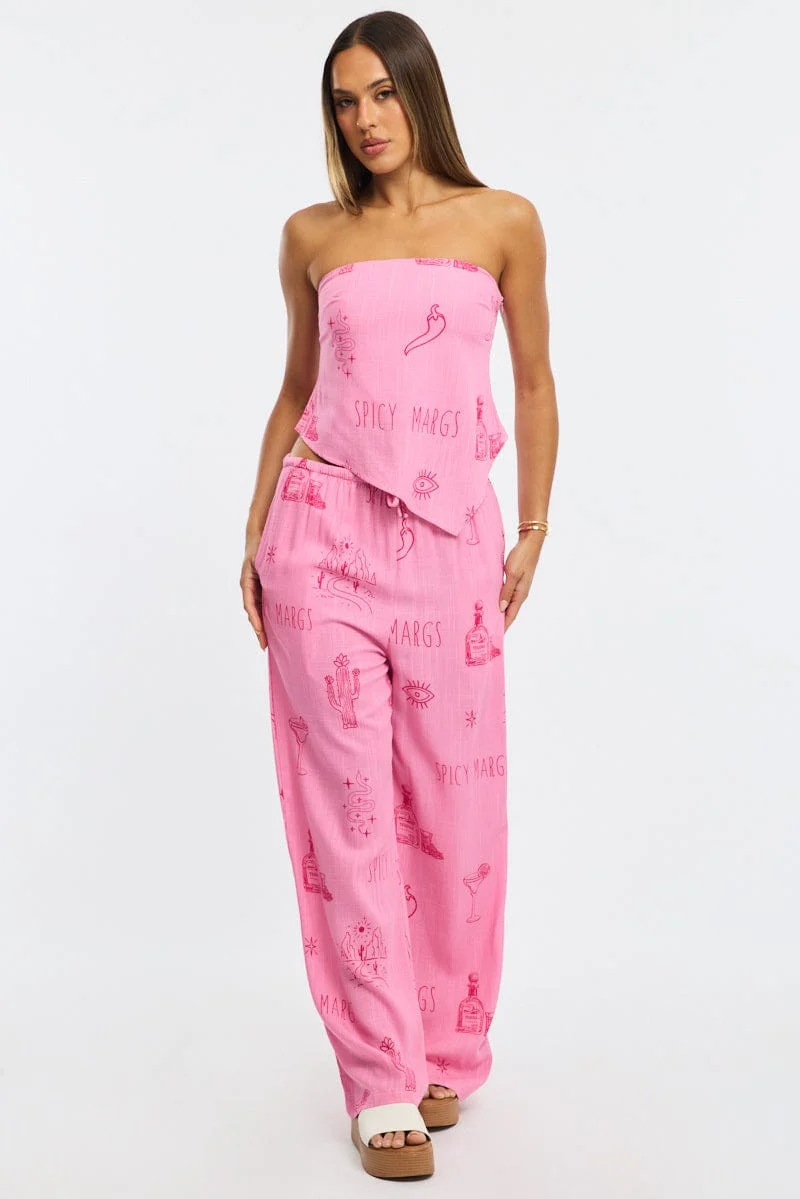 Pink Abstract Wide Leg Pants Elasticated Waist - Image 3