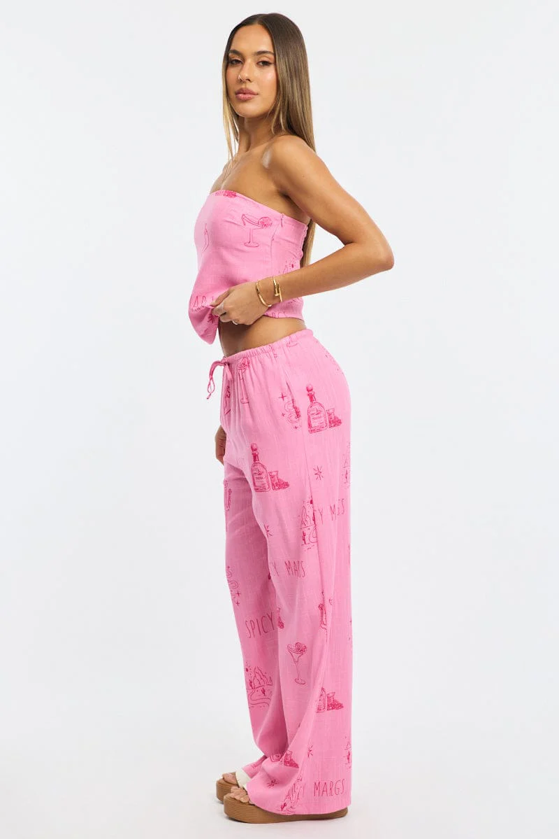 Pink Abstract Wide Leg Pants Elasticated Waist - Image 4