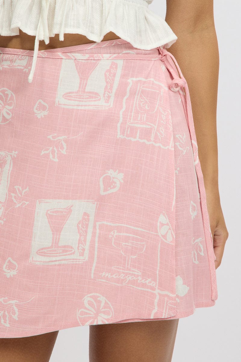 Pink Abstract Wrap Skirt High Rise Mini Linen Blend - Image 6