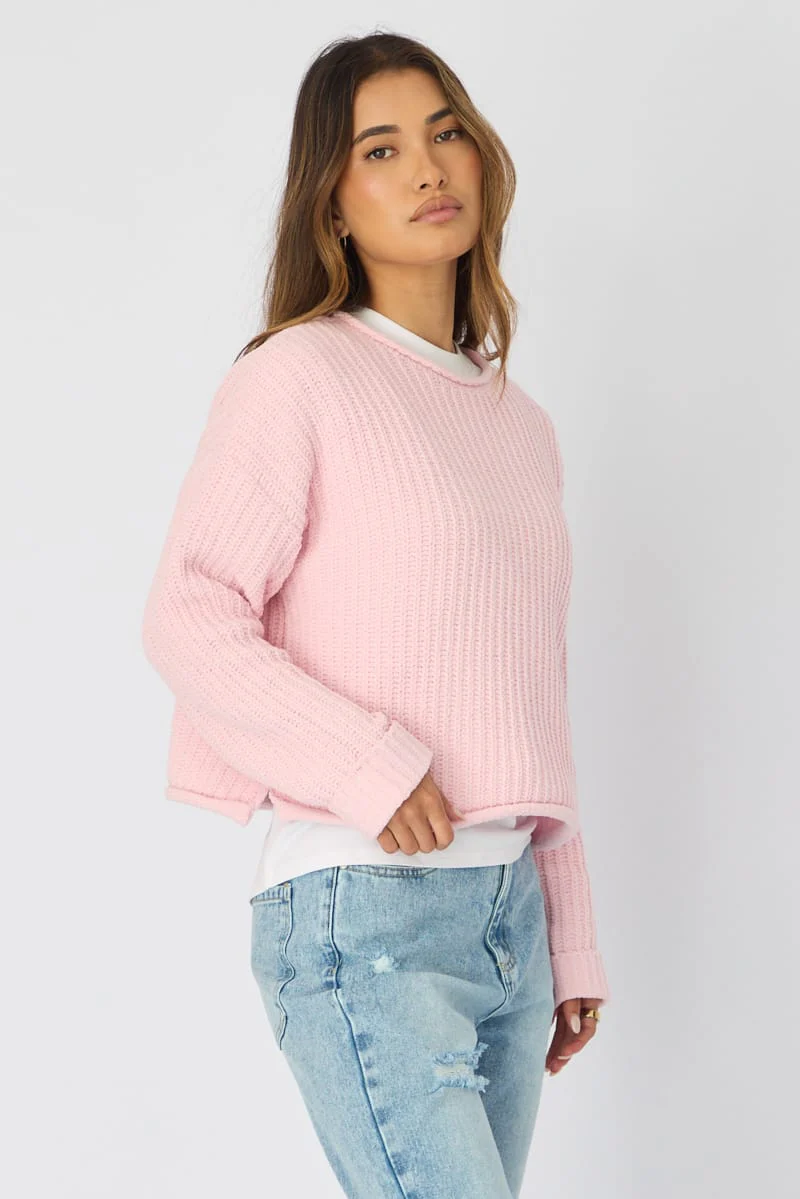 Pink Basic Knit Long Sleeve Boat Neck - Image 3
