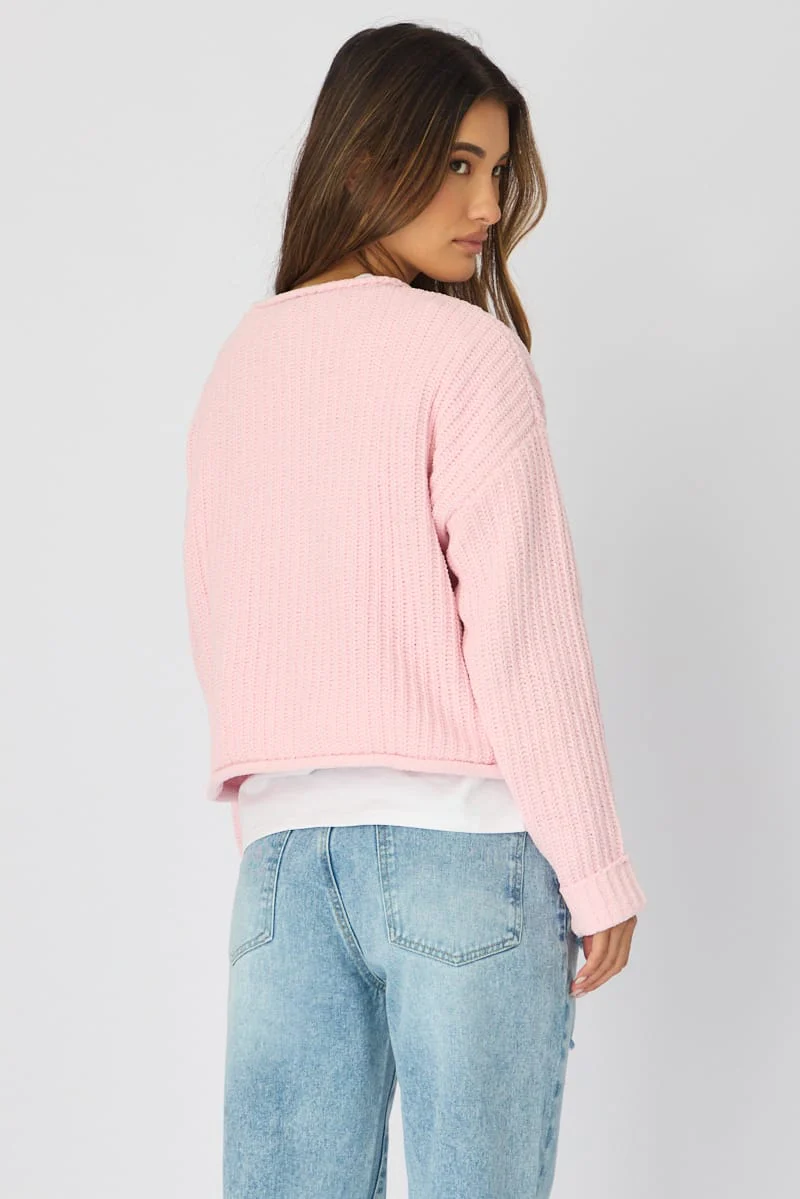 Pink Basic Knit Long Sleeve Boat Neck - Image 4