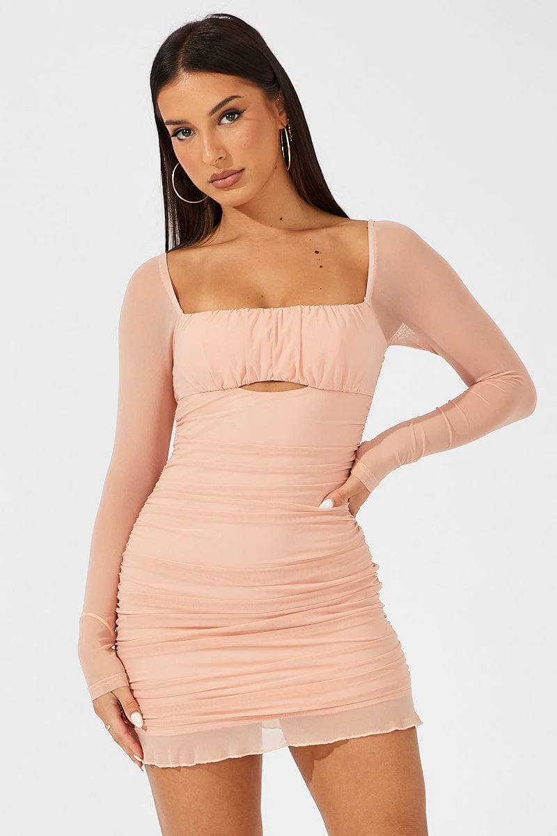 Pink Bodycon Dress Ruched Mesh - Image 2