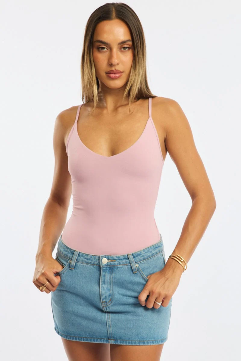 Pink Bodysuit Singlet V-neck Supersoft