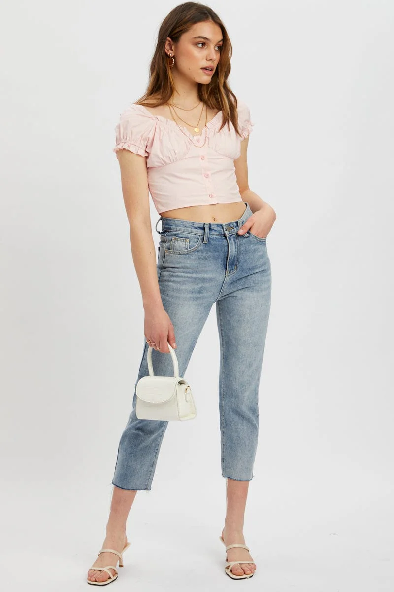 Pink Button Front Puff Sleeve Milkmaid Top - Image 5