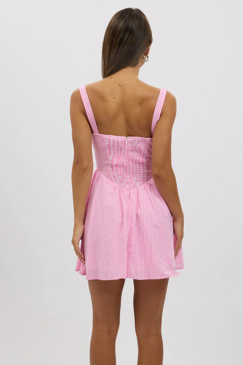 Pink Check Fit And Flare Dress Mini - Image 5