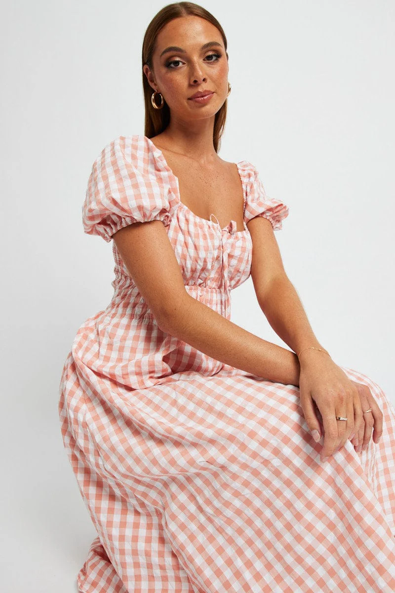 Pink Check Midi Dress Short Sleeve Ruched Bust - Image 2