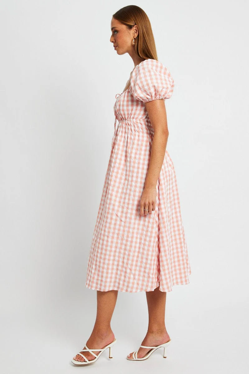 Pink Check Midi Dress Short Sleeve Ruched Bust - Image 4