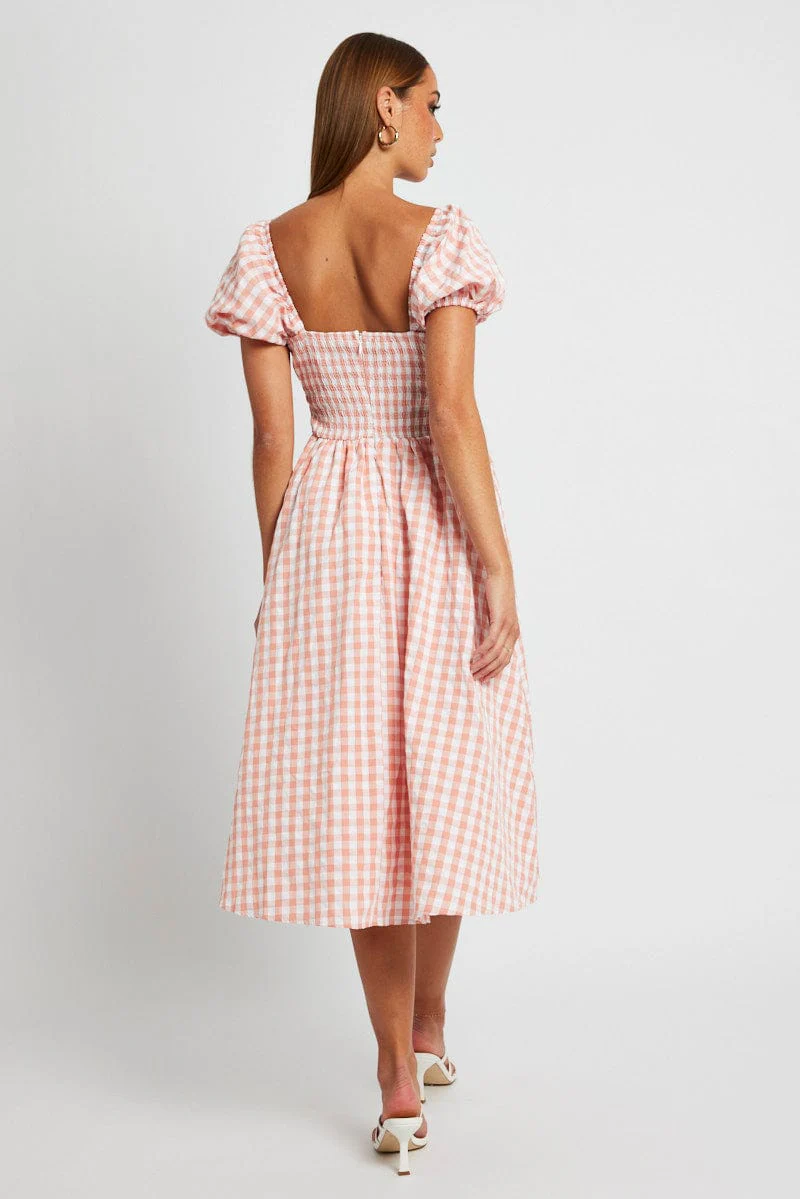 Pink Check Midi Dress Short Sleeve Ruched Bust - Image 5