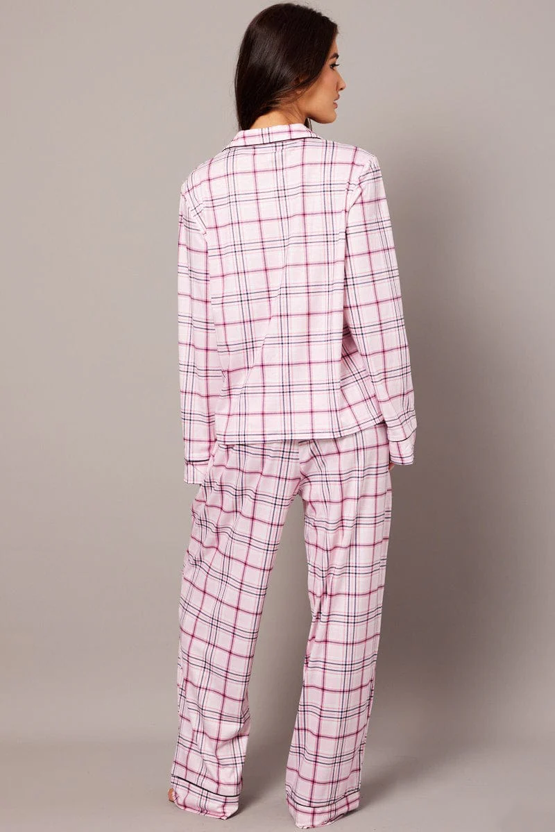 Pink Check PJ Set Jersey Long Leg Piping Pyjama - Image 5