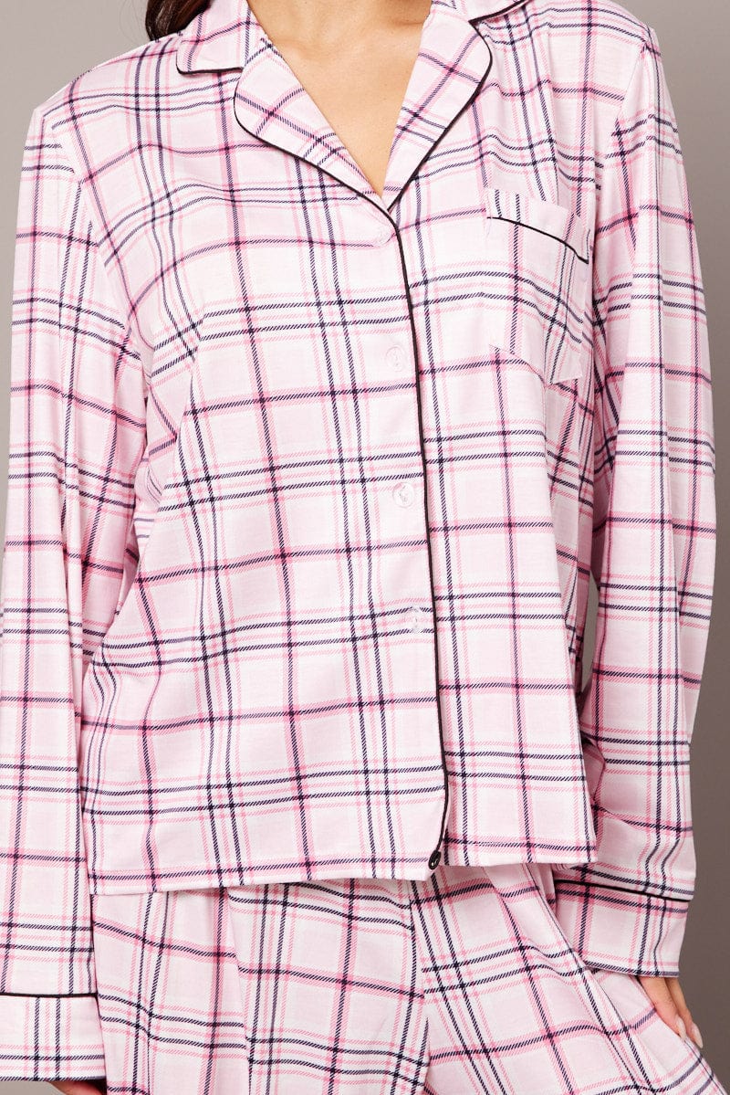 Pink Check PJ Set Jersey Long Leg Piping Pyjama - Image 6