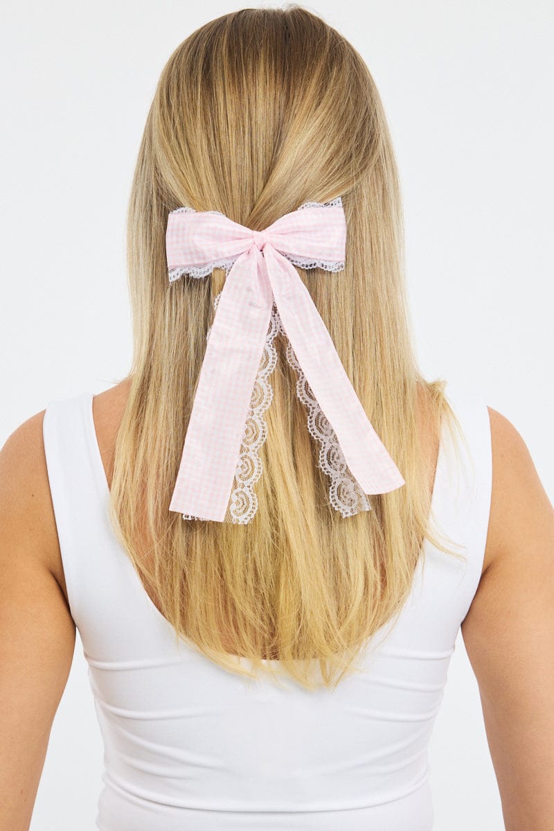 Pink Check Print Hair Bow