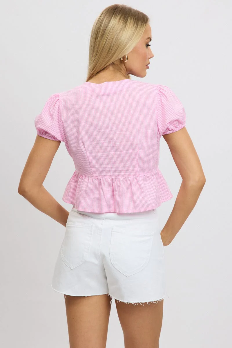 Pink Check Tie Front Top Puff Sleeve - Image 5