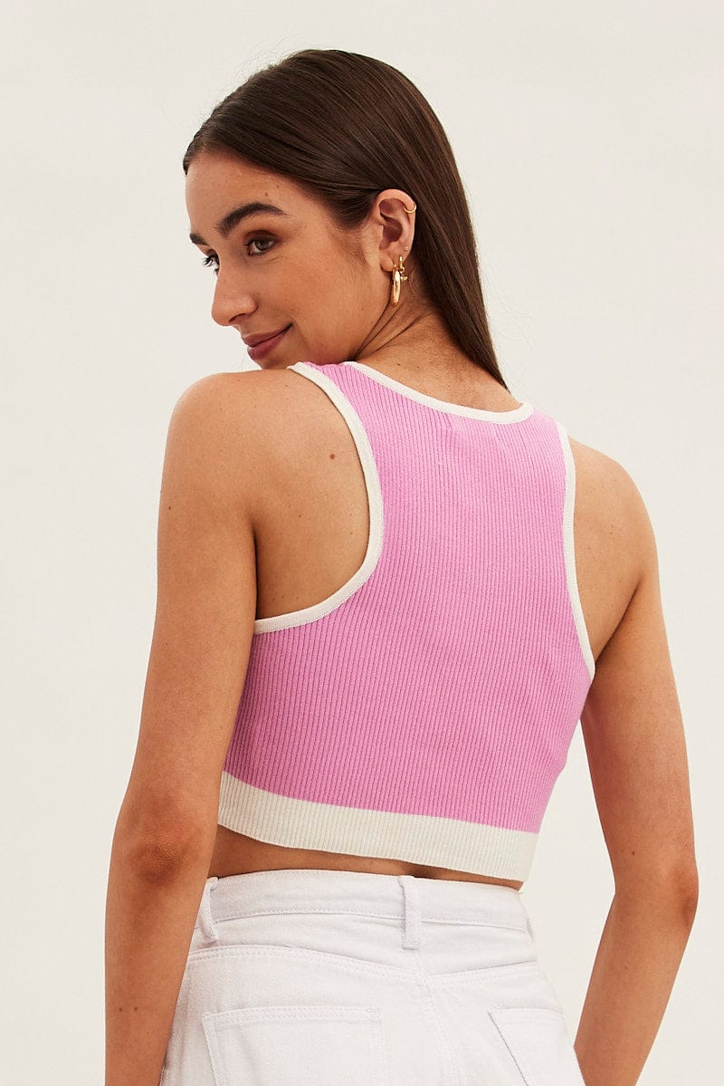 Pink Crop Top Knit Contrast Binding - Image 5
