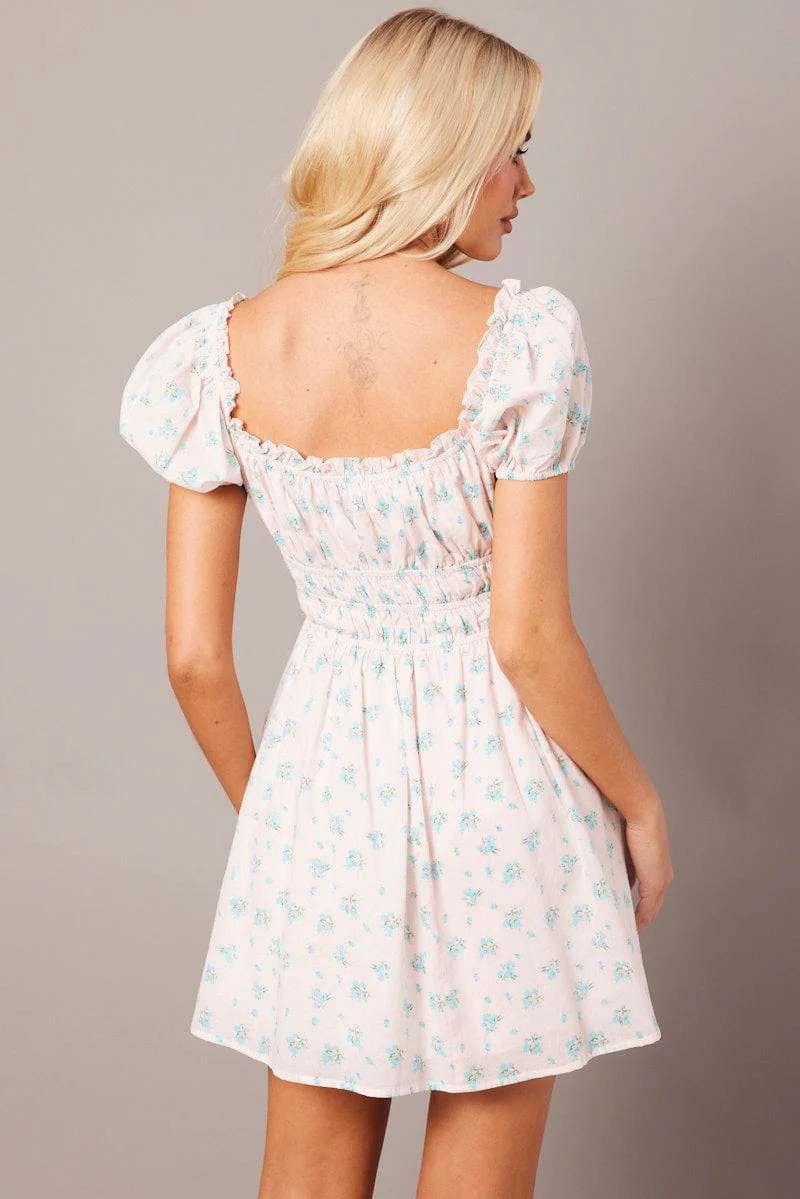 Pink Ditsy Fit And Flare Dress Puff Sleeve - Image 5