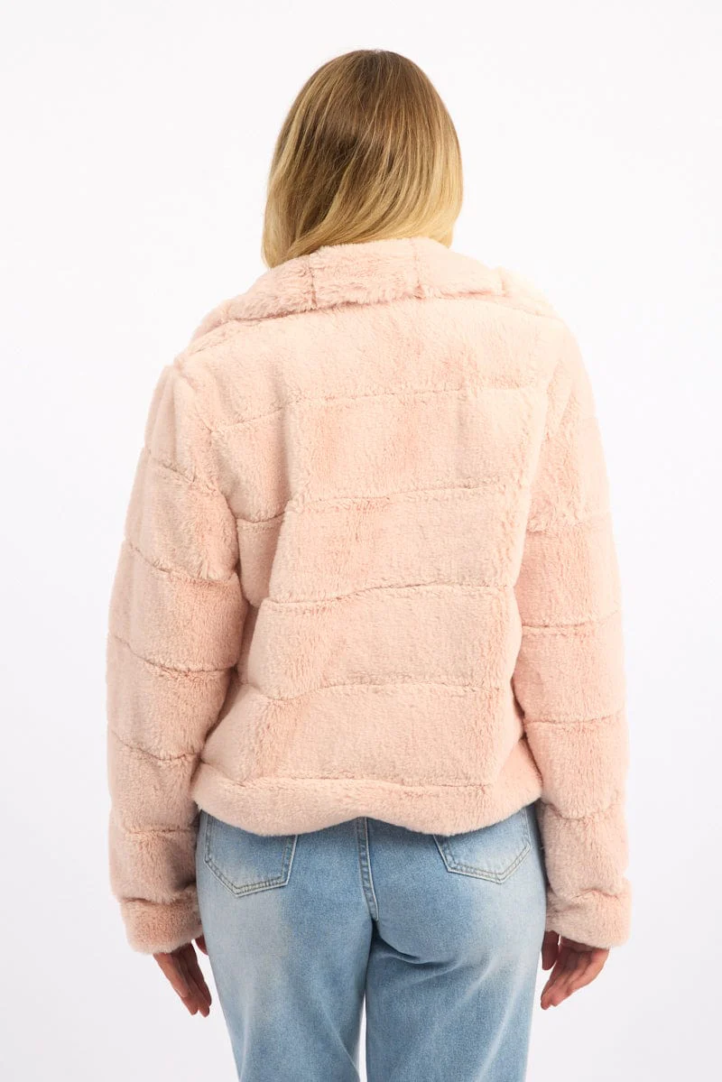 Pink Faux Fur Jacket With Lapel Collar - Image 4
