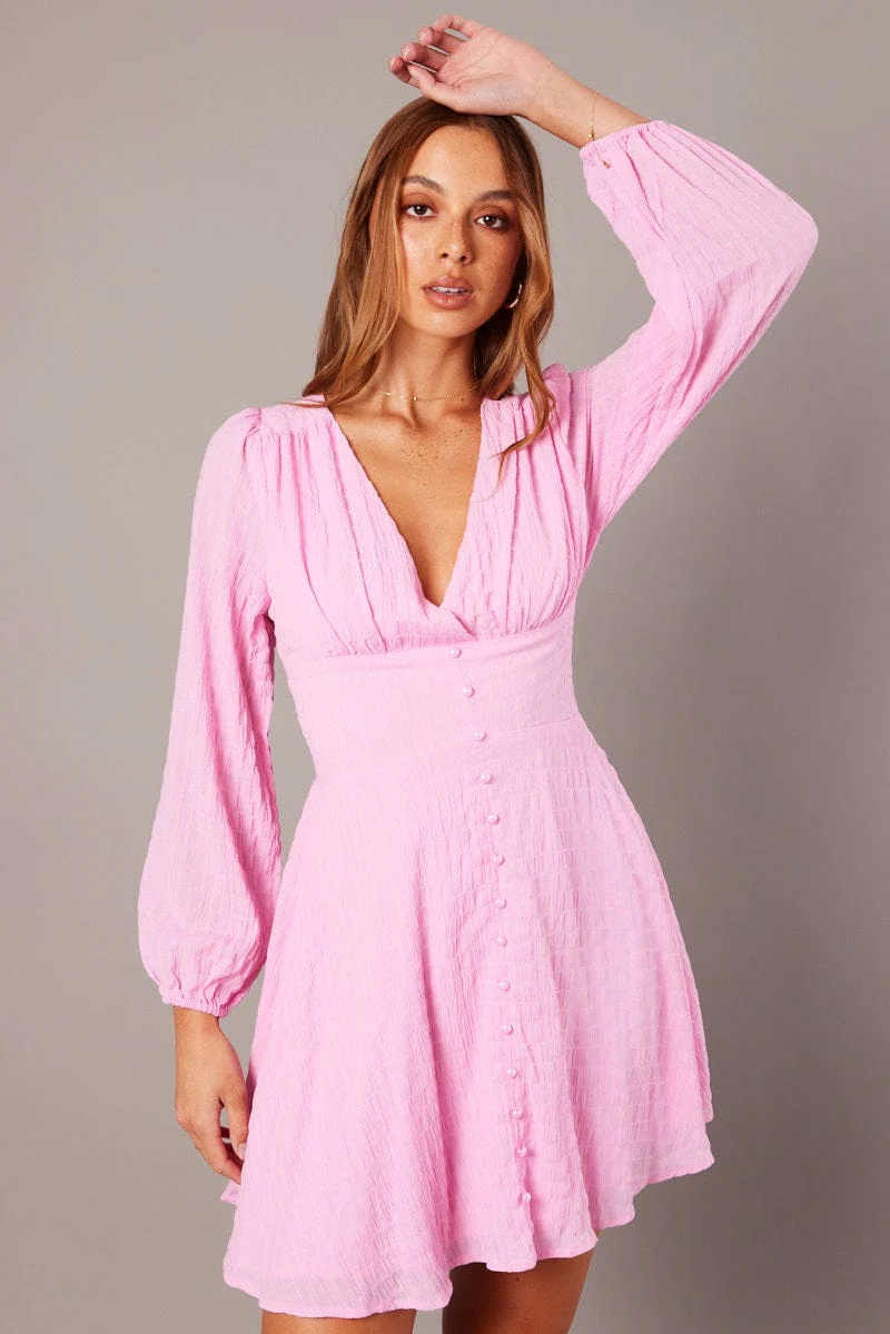 Pink Fit And Flare Dress Long Sleeve - Image 3
