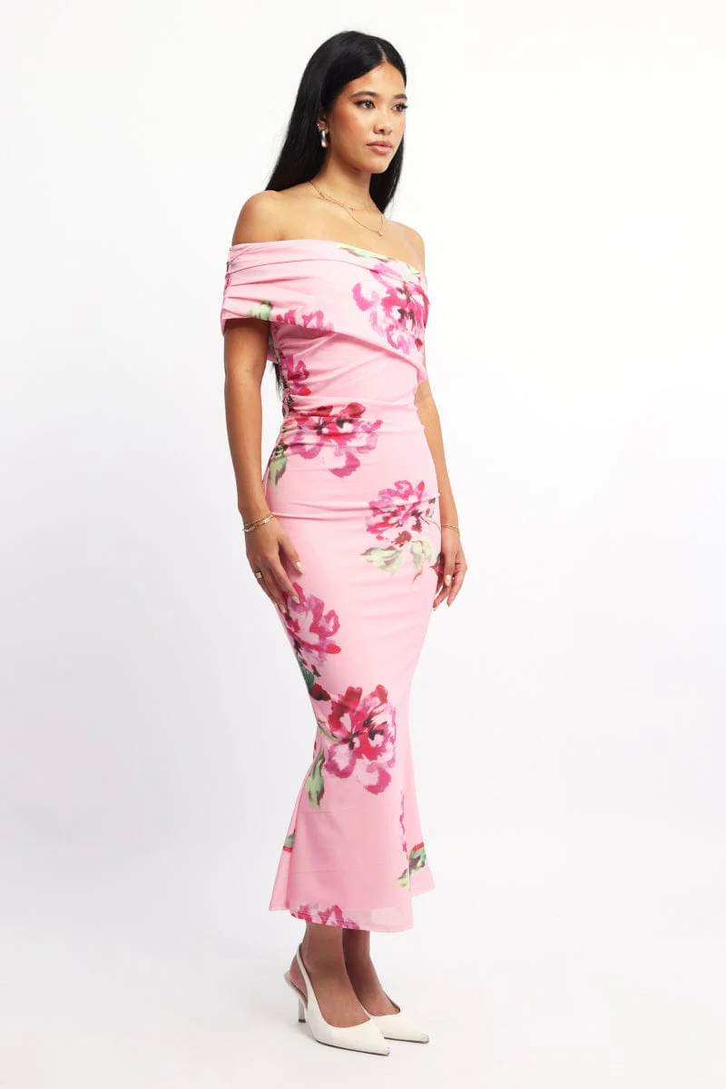 Pink Floral Bodycon Dress One Shoulder Mesh - Image 2