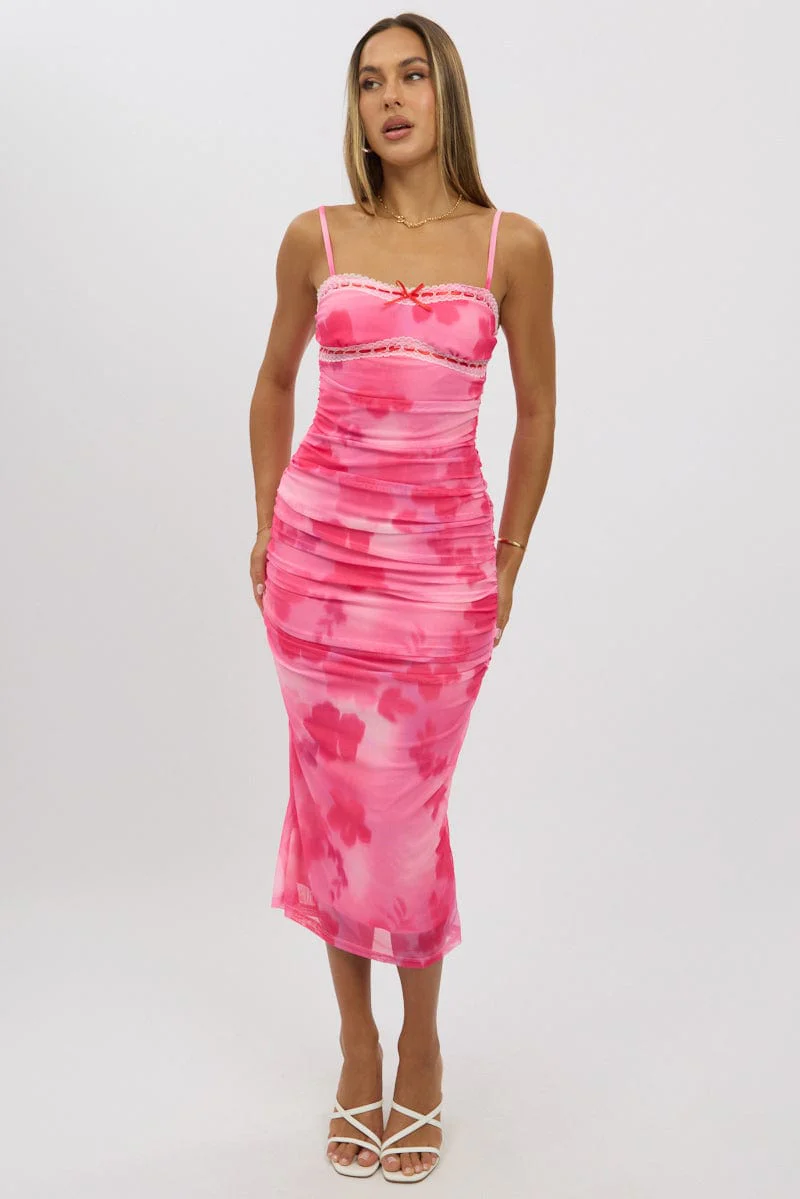 Pink Floral Bodycon Dress Singlet Mesh Midi - Image 3