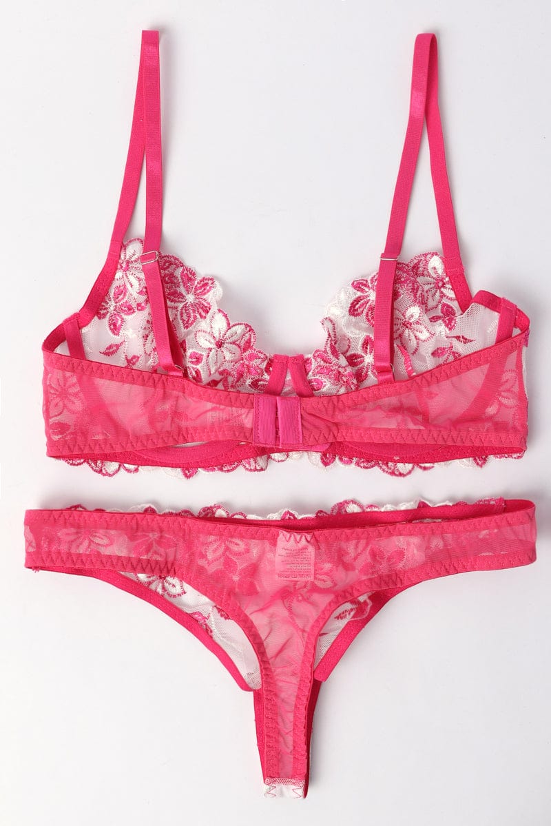 Pink Floral Embroidery Lingerie Set - Image 2