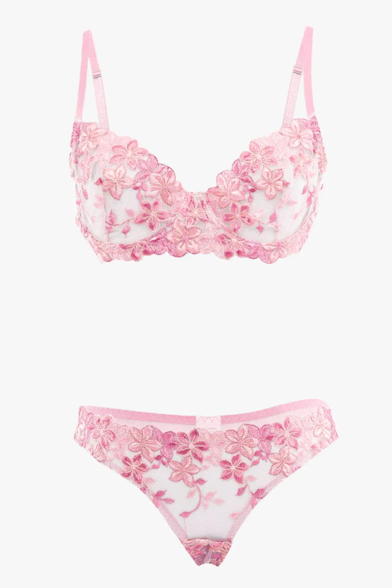 Pink Floral Embroidery Lingerie Set