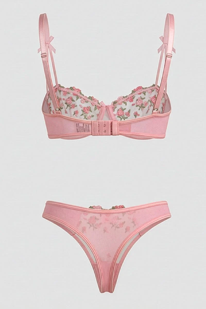 Pink Floral Embroidery Lingerie Set - Image 2