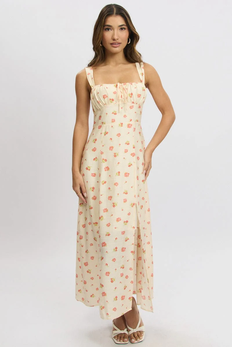 Pink Floral Midi Dress Gathered Bust - Image 2