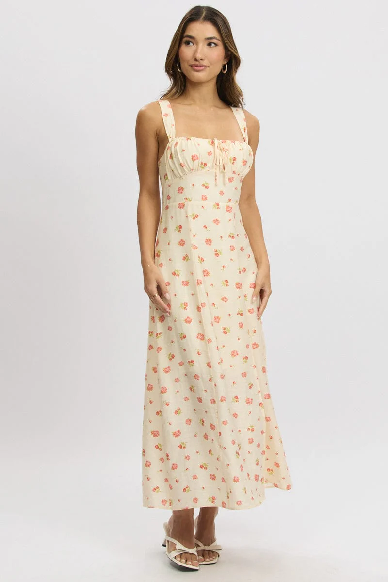 Pink Floral Midi Dress Gathered Bust - Image 4